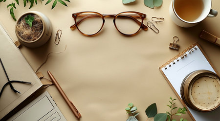 Flat lay composition with stationery and cup of tea on color backgroundの素材