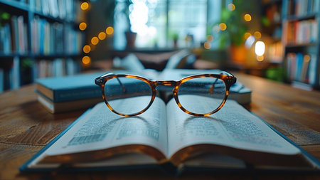 Glasses on a book in a library. Selective focus.の素材