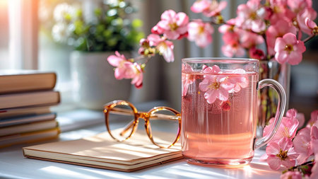 Cup of tea with pink cherry blossom flowers, books and glasses on a windowsillの素材