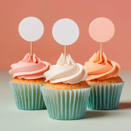 Cupcakes with blank paper tags on pastel pink background.の素材