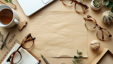 Flat lay composition with blank paper sheet, eyeglasses, laptop and accessories on color backgroundの素材