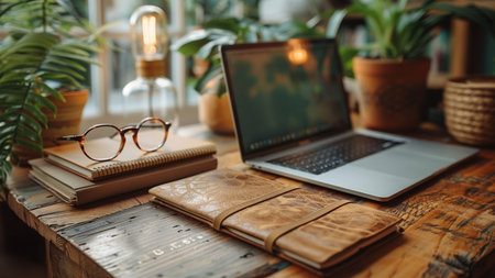 Working place with laptop, notebook, glasses and coffee cup on wooden tableの素材