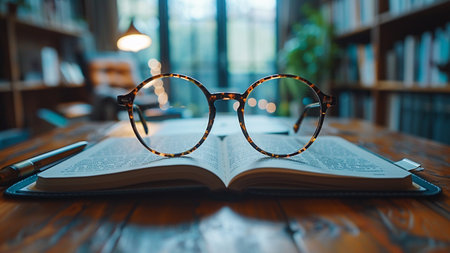 Glasses and book on wooden table in library. Education concept.の素材