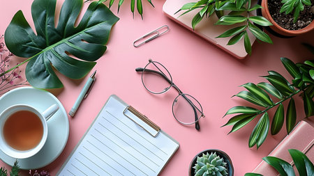 Flat lay composition with office supplies and tropical leaves on color backgroundの素材