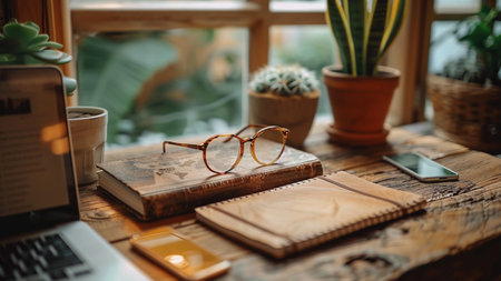 Glasses and notebook on wooden table in coffee shop, stock photoの素材