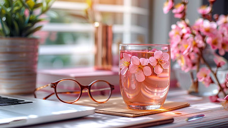 A glass of water on the table with a laptop, glasses and a branch of a blossoming treeの素材