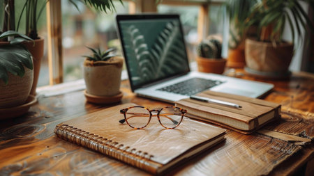 Notebook and eyeglasses on wooden table with laptop and plantの素材
