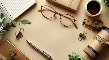 Flat lay composition with office supplies and space for text on color backgroundの素材