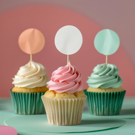 Cupcakes with blank paper tags on pink background. Copy spaceの素材