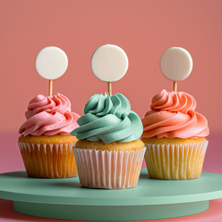 Colorful cupcakes with lollipops on pastel backgroundの素材