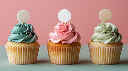 Cupcakes decorated with buttercream frosting on pastel backgroundの素材