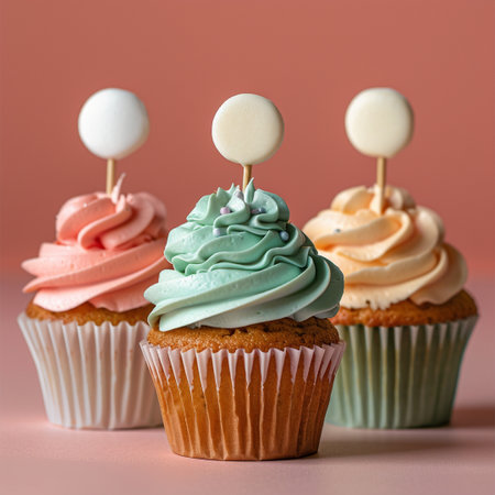 Colorful cupcakes with white lollipops on pink backgroundの素材