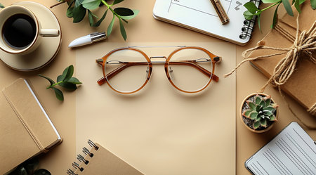 Flat lay composition with eyeglasses, stationery and coffee on color backgroundの素材