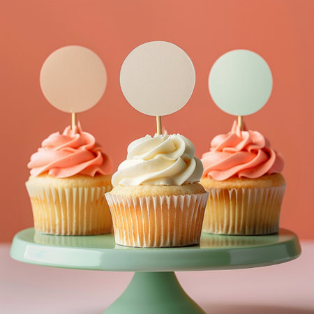 Tasty cupcakes with blank labels on stand, on color backgroundの素材