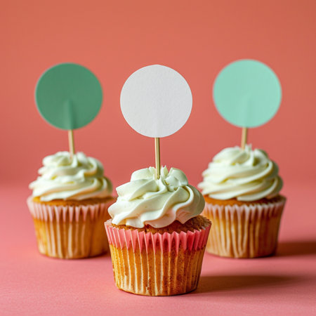 Cupcakes with green cream and blank paper card on pink backgroundの素材