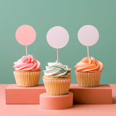 Cupcakes decorated with cream and paper tags on pastel backgroundの素材