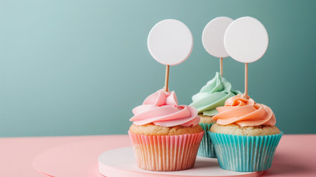 Cupcakes with colorful buttercream icing on pastel background.の素材