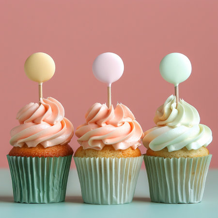 Three cupcakes with pink buttercream frosting on a pastel pink backgroundの素材