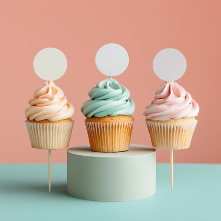 Cupcakes with blank paper card on stand on pastel backgroundの素材