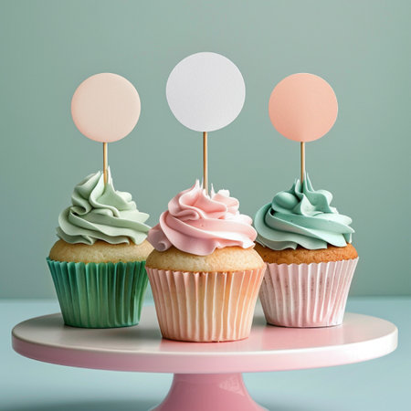 Cupcakes with blank paper tags on stand, on color backgroundの素材