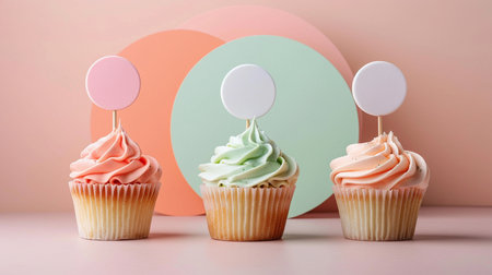 Cupcakes with buttercream frosting on pastel background.の素材