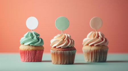 Cupcakes with colorful cream on pastel background. Birthday cupcakesの素材