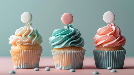 Three cupcakes with pink and blue frosting on pastel backgroundの素材