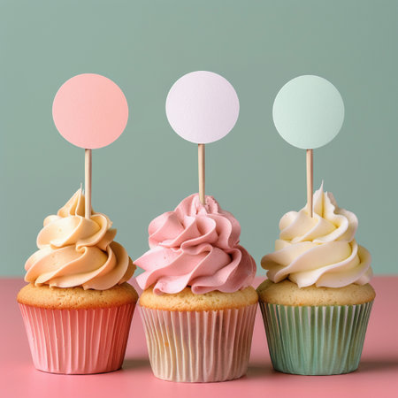 Three colorful cupcakes with blank paper labels on pink and blue backgroundの素材