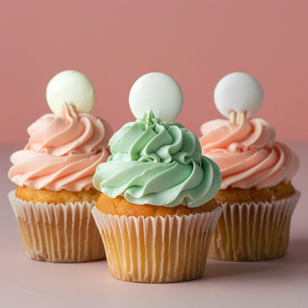 Cupcakes with green buttercream frosting on pastel pink backgroundの素材