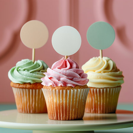 Colorful cupcakes with blank tags on pink background, square formatの素材