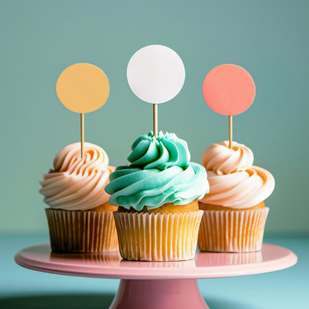 Cupcakes with colorful buttercream icing on pastel background.の素材