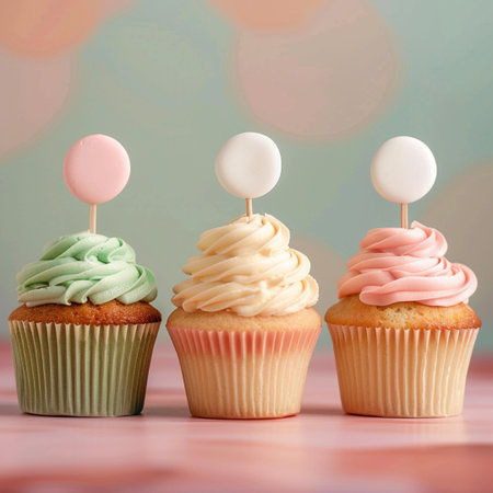 Cupcakes decorated with whipped cream and balloons on pastel background.の素材