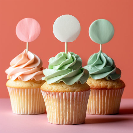 Cupcakes with colorful cream and paper tags on pink background.の素材