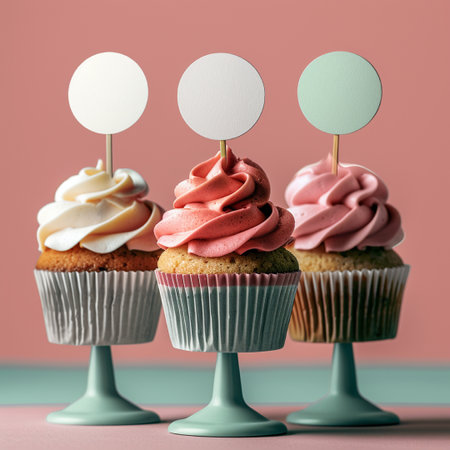 Cupcakes with blank paper tags on pink and blue background.の素材