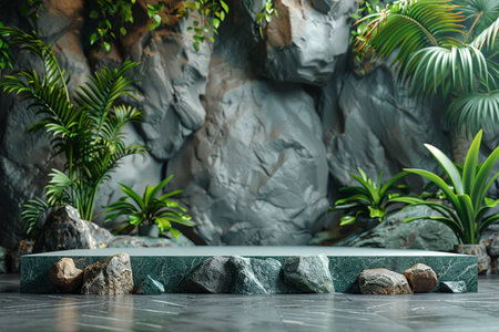 Empty marble podium with tropical plantsle background. 3d renderの素材