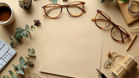 Flat lay composition with blank sheet of paper, eyeglasses and stationery on color backgroundの素材