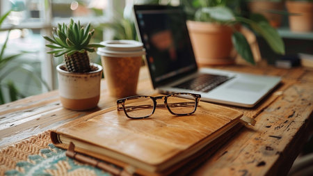 Glasses and notebook on a wooden table in the home office.の素材