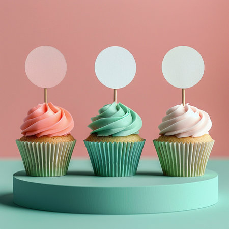 Cupcakes with blank paper tags on pastel background. 3d renderの素材