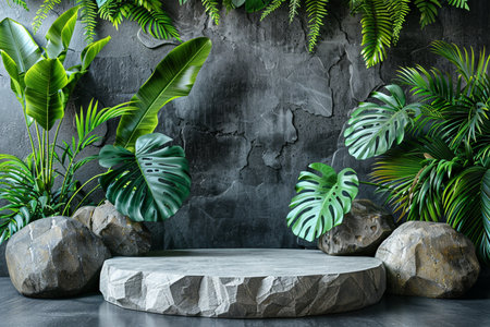 Dark marble podium with green tropical leaves on concrete background. 3d renderの素材
