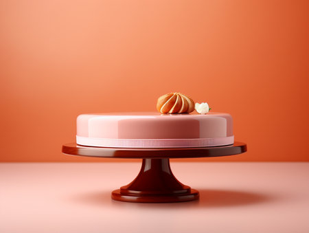 3d rendering of a pink cake on a stand on an orange backgroundの素材