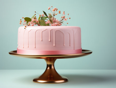 Pink cake with flowers on a stand on a blue background. 3d renderingの素材