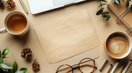 Top view of workspace with blank paper, coffee cup, stationery and plants on beige backgroundの素材