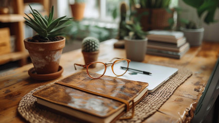 Close up of glasses and notebook on wooden table in the office.の素材