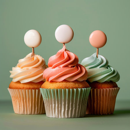 Cupcakes decorated with white and pink balloons on a green backgroundの素材
