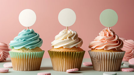 Cupcakes with blank paper tags on color background, closeupの素材