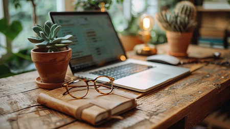 Notebook, glasses and laptop on a wooden table in the officeの素材