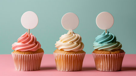 Cupcakes with colorful cream on pastel pink and blue backgroundの素材