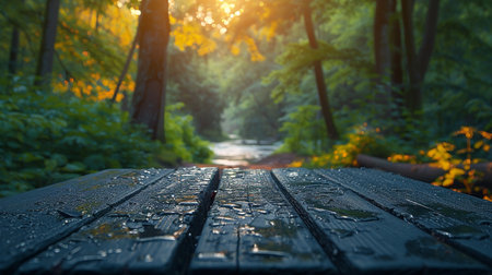 Raindrops on a wooden table in the autumn forest at sunset.の素材