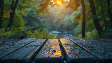 Wooden bench in the park at sunset. Selective focus.の素材