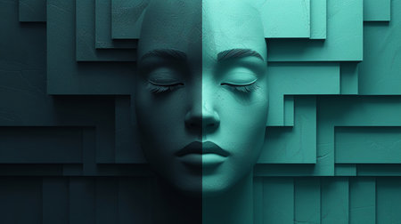 3D Illustration of a Woman's Face Surrounded by Geometric Shapesの素材
